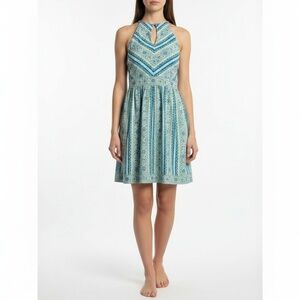 Ann Taylor Halter Sundress Women’s M Blue Teal Geometric Stripe Print‎